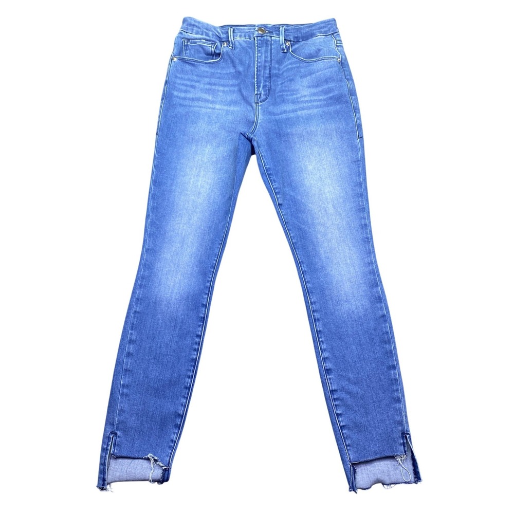 Good American High Rise Skinny Jeans Blue Raw Stepped Hem Size 8/29 GWSH367T